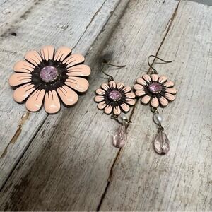 Vintage Pink Flower Drop Earrings with Rhinestones + Matching Floral Pin Set